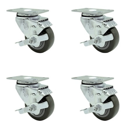 Service Caster 3.5 Inch Gray Polyurethane Wheel Swivel Top Plate Caster Set with Brake SCC SCC-20S3514-PPUB-TLB-4
